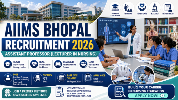 AIIMS Bhopal Assistant Professor Recruitment 2026 notification for Lecturer in Nursing vacancy.