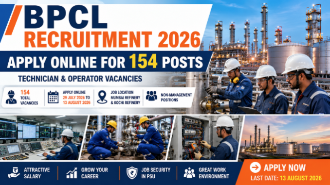 BPCL Recruitment 2026 banner showing refinery technicians and operator recruitment notification