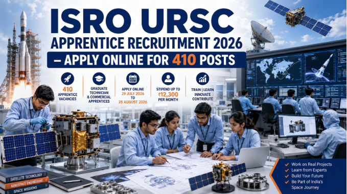 ISRO URSC Apprentice Recruitment 2026 Banner ISRO URSC Apprentice Recruitment 2026 featuring engineering apprentices and space technology training