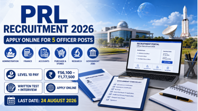PRL Recruitment 2026 notification showing officer vacancies, salary, eligibility and online application details