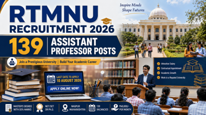 RTMNU Assistant Professor Recruitment 2026 RTMNU Assistant Professor Recruitment 2026 notification for 139 contractual teaching vacancies in Nagpur.