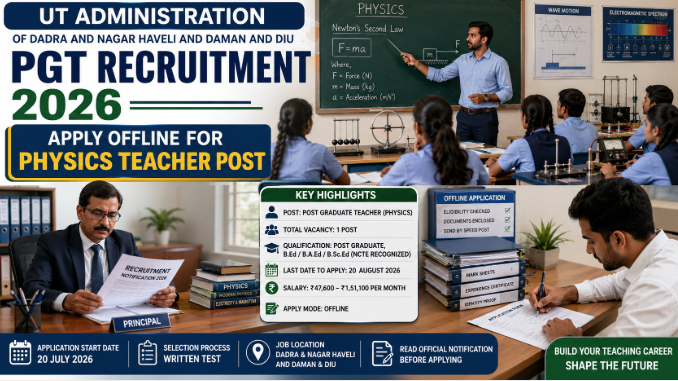 UT Administration PGT Recruitment 2026 notification for Physics Teacher vacancy with offline application