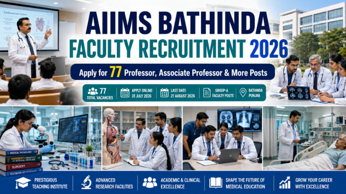 AIIMS Bathinda Faculty Recruitment 2026 featuring professors teaching medical students in a modern hospital and academic environment.