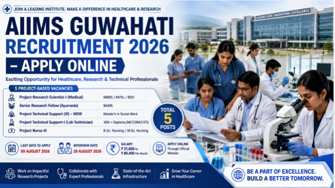 AIIMS Guwahati Recruitment 2026 notification for Project Research Scientist, Project Nurse, Senior Research Fellow and technical support posts