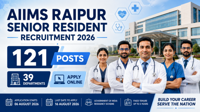 AIIMS Raipur Senior Resident Recruitment 2026 AIIMS Raipur Senior Resident Recruitment 2026 for 121 posts across 39 medical departments
