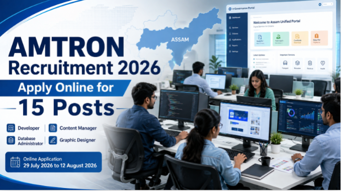 AMTRON Recruitment 2026 notification showing 15 vacancies for Developer, Content Manager, Database Administrator and Graphic Designer posts.