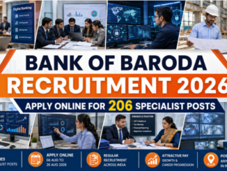 Bank of Baroda Recruitment 2026 showing banking professionals, engineers, data analysts, and IT specialists in a modern corporate banking office.