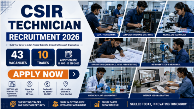 CSIR Technician Recruitment 2026 Apply Now CSIR Technician Recruitment 2026 banner showing technical trades and Apply Now recruitment details
