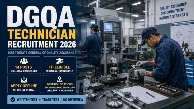 DGQA Technician Recruitment 2026 for 14 Skilled and Semi Skilled Group C government posts
