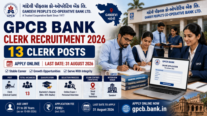 GPCB Bank Clerk Recruitment 2026 notification for 13 clerical vacancies in Gujarat