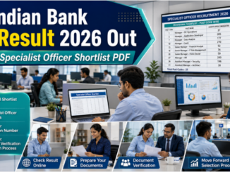 Indian Bank Specialist Officer Result 2026 showing candidates checking shortlist PDF on laptops in a modern banking office