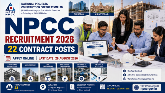 NPCC Recruitment 2026 graphic showing engineers, consultants and online application details