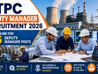 NTPC Deputy Manager Recruitment 2026 showing engineers reviewing power plant systems and technical project plans.