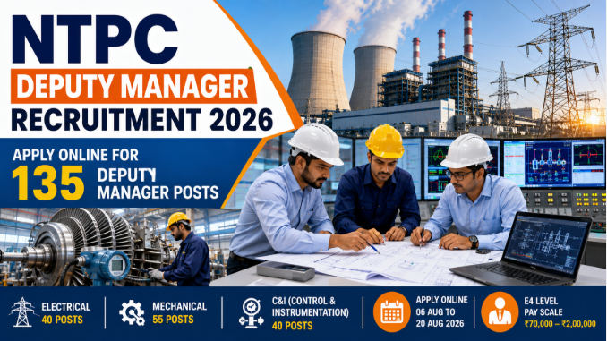 NTPC Deputy Manager Recruitment 2026 showing engineers reviewing power plant systems and technical project plans.