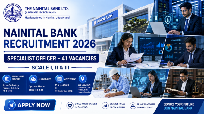 Nainital Bank Recruitment 2026 banner for 41 Specialist Officer vacancies and online application