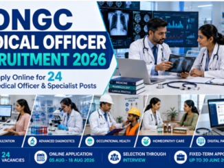 ONGC Medical Officer Recruitment 2026 showing doctors, specialists, and healthcare professionals in a modern hospital environment.