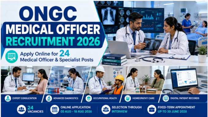 ONGC Medical Officer Recruitment 2026 ONGC Medical Officer Recruitment 2026 showing doctors, specialists, and healthcare professionals in a modern hospital environment.