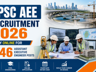 OPSC AEE Recruitment 2026 featuring civil engineers reviewing construction plans and municipal infrastructure projects.