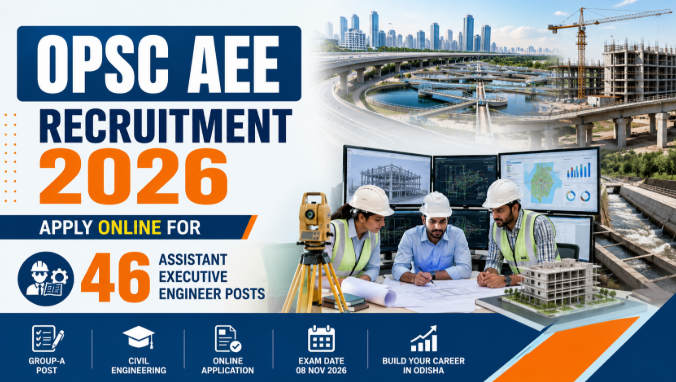 OPSC AEE Recruitment 2026 featuring civil engineers reviewing construction plans and municipal infrastructure projects.