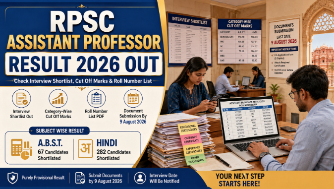 RPSC Assistant Professor Result 2026 showing interview shortlist, cut-off marks, and roll number list for ABST and Hindi candidates