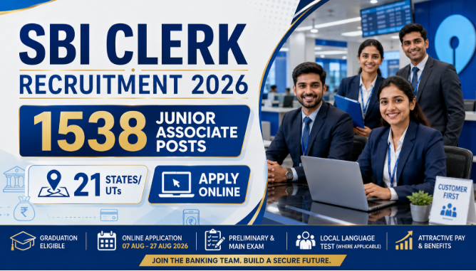 SBI Clerk Recruitment 2026 notification for 1538 Junior Associate vacancies across 21 States
