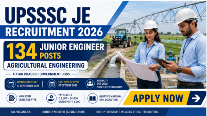 UPSSSC JE Recruitment 2026 banner showing 134 Agriculture Junior Engineer vacancies