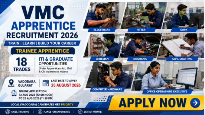 VMC Apprentice Recruitment 2026 banner showing 18 trades and online application details