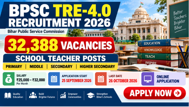 BPSC TRE 4.0 Recruitment 2026 Jobs BPSC TRE 4.0 Recruitment 2026 banner for 32,388 School Teacher vacancies