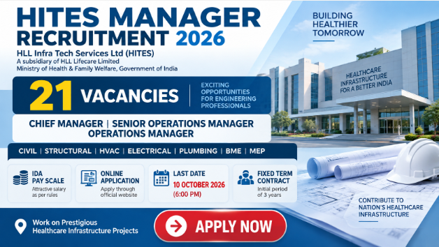 HITES Manager Recruitment 2026 Apply Now HITES Manager Recruitment 2026 banner showing 21 vacancies and online application details