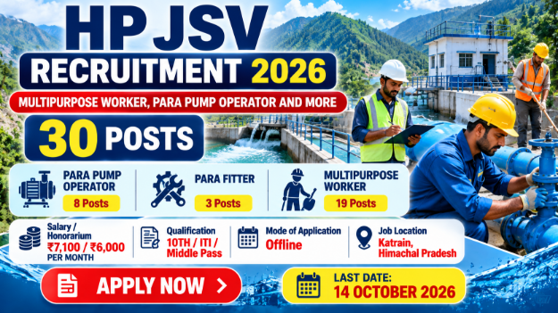 HP JSV Recruitment 2026 for 30 Para Pump Operator, Fitter and Worker posts