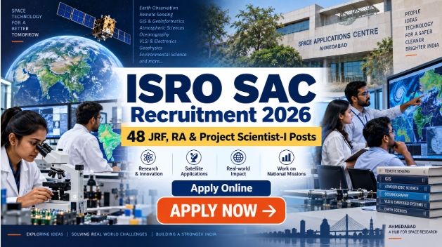 ISRO SAC Recruitment 2026 banner for JRF, Research Associate and Project Scientist-I vacancies
