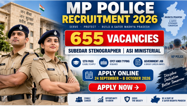 MP Police Recruitment 2026 for 655 Subedar Steno and ASI Ministerial posts apply online