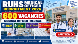 RUHS Medical Officer Recruitment 2026 banner for 600 MBBS vacancies in Rajasthan