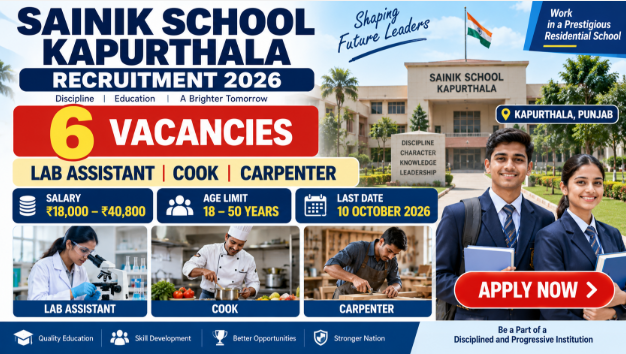 Sainik School Kapurthala Recruitment 2026 Sainik School Kapurthala Recruitment 2026 for Lab Assistant Cook and Carpenter posts