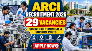 ARCI recruitment banner featuring Indian scientists, laboratory technicians and administrative staff in a modern research centre.