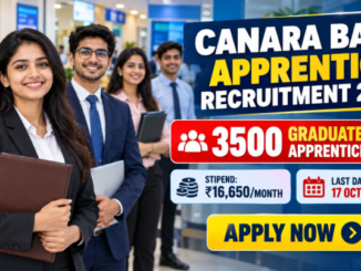 Canara Bank Apprentice Recruitment 2026 banner showing graduate candidates and 3500 training vacancies with Apply Now text