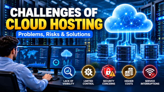 Challenges of cloud hosting including server monitoring, security, and network management