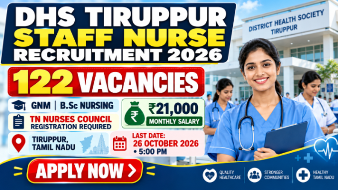 DHS Tiruppur Staff Nurse Recruitment 2026 banner highlighting 122 vacancies and the application deadline