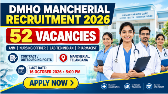 DMHO Mancherial Recruitment 2026 – 52 Posts DMHO Mancherial Recruitment 2026 banner showing 52 healthcare vacancies and the offline application deadline
