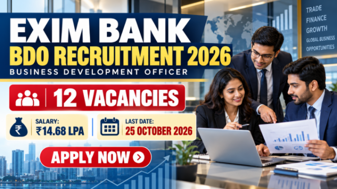 Exim Bank BDO Recruitment 2026 banner showing corporate banking professionals and 12 vacancies with Apply Now text.