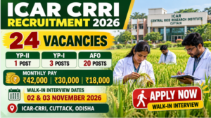ICAR CRRI Recruitment 2026 banner for 24 Young Professional and Agricultural Field Operator vacancies