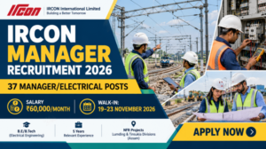 IRCON Manager Recruitment 2026 banner featuring electrical engineers, railway infrastructure and walk-in interview details.