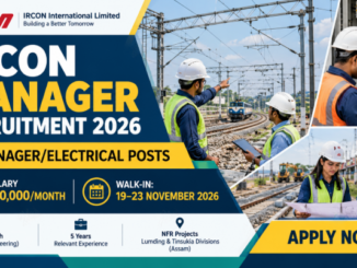 IRCON Manager Recruitment 2026 banner featuring electrical engineers, railway infrastructure and walk-in interview details.