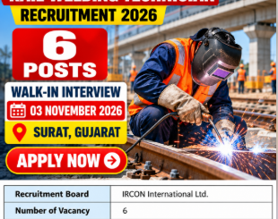 IRCON Rail Welding Technician Recruitment 2026 walk-in vacancy announcement for 6 welding technician posts in Surat