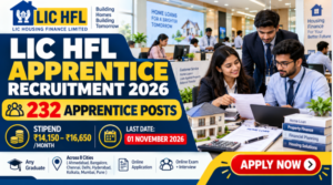 LIC HFL Apprentice Recruitment 2026 banner featuring finance professionals, 232 vacancies and online application details.