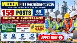 MECON FTFT Recruitment 2026 banner for 159 engineering and project vacancies across India