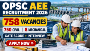 OPSC AEE Recruitment 2026 banner featuring Civil and Mechanical engineers and 758 vacancies.