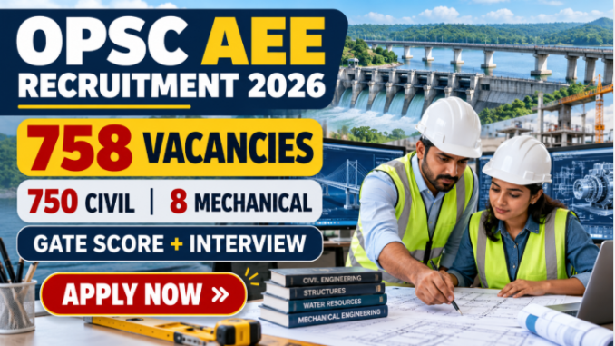 OPSC AEE Recruitment 2026 banner featuring Civil and Mechanical engineers and 758 vacancies.