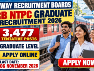 Indian railway graduate job candidates with a train at a modern railway station for RRB NTPC 2026 recruitment.