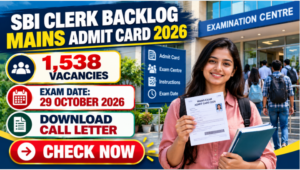 SBI Clerk Backlog Mains Admit Card 2026 with a banking exam candidate preparing for the Mains test.